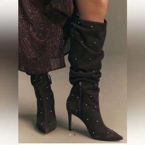 Anthropologie Studded Scrunch Tall Boots US 8-8.5 Brown Suede